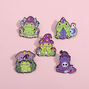 Halloween Magic Frog Enamel Pins Cartoon Wizard Frog Alloy Brooches With Witch Hat Spells Book Potion Bottle D20 Dice Mushroom For Backpack Clothes Decor Gift