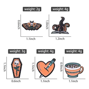 Size chart showing gothic enamel pins with skeleton and octopus designs in inches