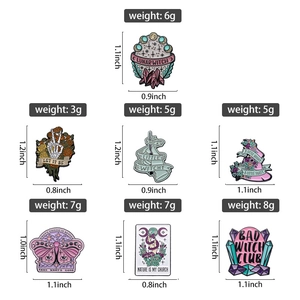 Detailed view of enamel pins with sizes and weights including gothic and magic themes