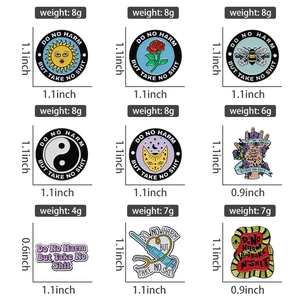 Detailed grid of nine colorful enamel pins featuring bee, rose, and cat illustration designs