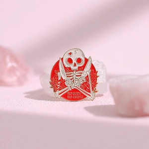 Skull and daggers enamel pin with No Body No Crime text for Halloween punk style