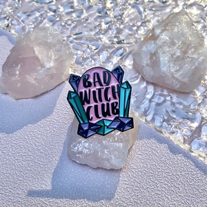 Gothic Bad Witch Club enamel pin with purple crystal clusters and metal finish