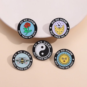 Set of 5 enamel pins featuring rose, cat, bee, and 'Do No Harm But Take No Shit' slogans