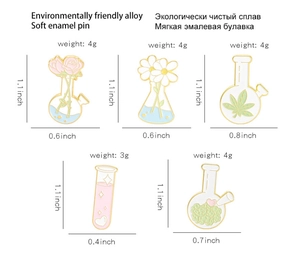 Detailed size and weight specs for chemistry lab enamel pins with floral motifs