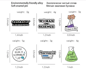 Detailed size chart for science enamel pins showing dimensions of flasks and microscope badges