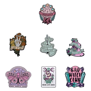 Set of 7 celestial skull and moth enamel pins with mystical lunar witch themes