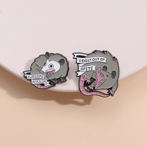 Set of two funny opossum enamel pins with motivational and witty slogans on pink base