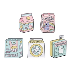 Five-piece set of cartoon enamel pins featuring milk boxes and cats in macaron colors