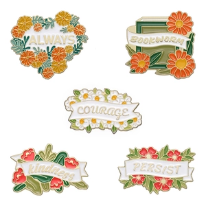 5-piece colorful enamel flower brooch set with motivational quotes on white background