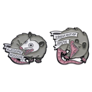 Funny possum enamel pins featuring Awesome Possum and I Exist Out Of Spite slogans