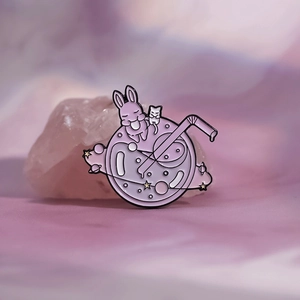 Dreamy purple planet drink enamel pin with cute bunny and cat charms for clothing