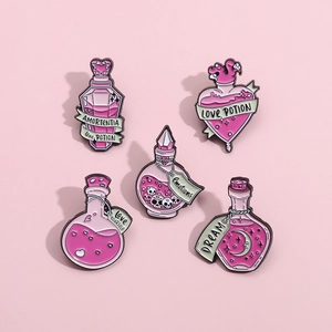 Five-piece set of pink enamel magic potion pins with Amortentia and Love Potion designs