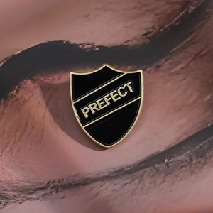 Macro detail of black and gold enamel shield badge featuring the word PREFECT