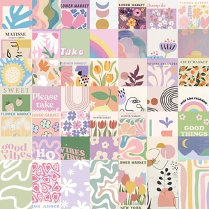 Platliggende weergave van 49 Deense pastelposters in 7x7-raster met Matisse-kunst en bloemen