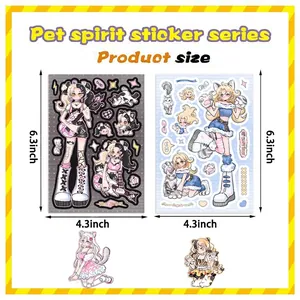 Size chart for Pet Spirit cat girl stickers featuring DIY cartoon craft sheets