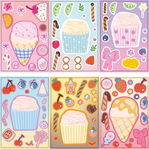 Détail de planches de stickers de desserts avec gâteaux de dessin animé et glaces colorées