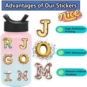 Waterproof cartoon alphabet stickers for DIY decoration on a pastel gradient water bottle