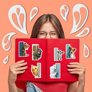 Detail of 6 cartoon peeking animal stickers on a red book cover held by a woman