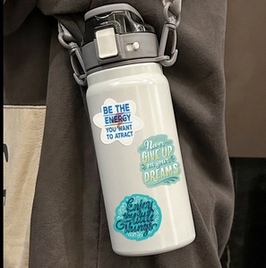 Outdoor sports water bottle with adjustable strap and decorative motivational stickers