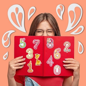 Colorful 3D dessert style number and giraffe stickers set on a red book cover