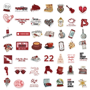 Set of 50 Red music album waterproof vinyl stickers with guitar and retro designs