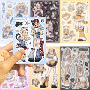 Detail of DIY deco stickers featuring anime girls and cats for journal decoration