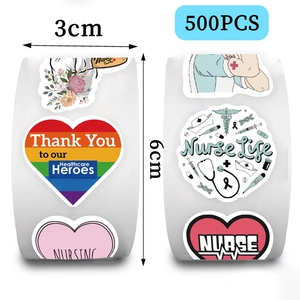 Macro view of 3cm nurse life sticker roll showing 500 pieces of medical-themed labels