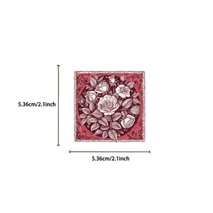 Detailed dimensions of a vintage dark red rose sticker measuring 5.36cm or 2.1 inches