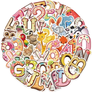 Close-up of 50 colorful cartoon animal alphabet and number waterproof stickers for DIY
