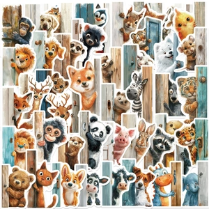 Set of 50 cartoon animal stickers featuring lions and pandas peeking from wooden doors