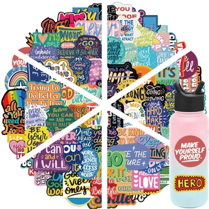 Waterproof motivational stickers on a gradient water bottle and round spread layout