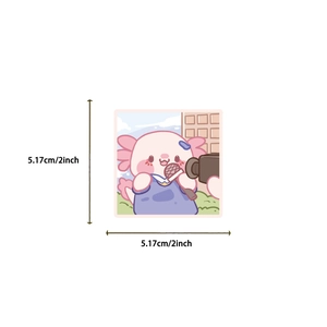 Gros plan d'un autocollant d'axolotl rose mignon mesurant 5,17 cm ou 2 pouces