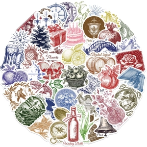 Detailed spread of retro etching stickers including lighthouse, strawberry and compass