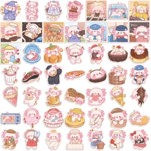 Lot de 50 autocollants axolotl roses mignons avec divers personnages de dessins animés
