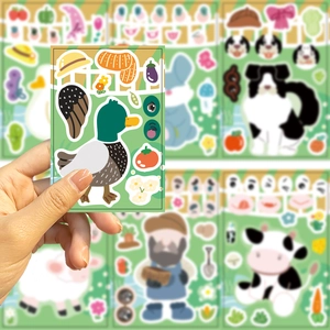 Detailed view of DIY farm animal face stickers with waterproof PVC cartoon patterns