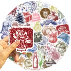 50pcs waterproof vintage cartoon stickers for laptop decor featuring red rose and retro items