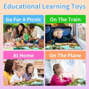 Detail showing four educational sticker themes: picnic, train, home, and airplane for kids