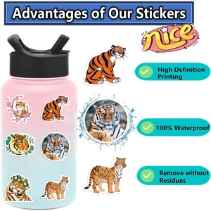 Waterproof cartoon tiger stickers applied on a water bottle with HD printing details