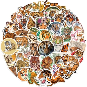 Detailed view of assorted cartoon tiger stickers with waterproof vinyl finish