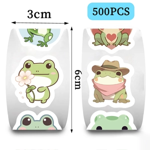 Vue détaillée de 500 autocollants de grenouille avec dimensions 3cm x 6cm et illustrations