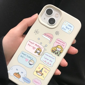 Close-up of beige iPhone case with colorful hand-drawn holiday cartoon patterns