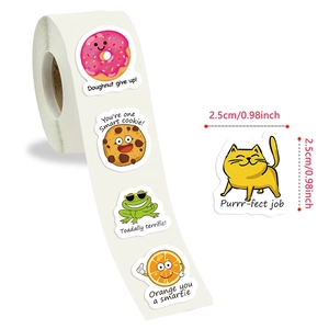 Detail showing cartoon reward stickers roll with 2.5cm diameter measurement