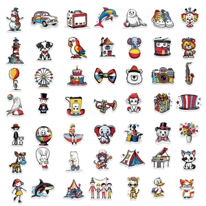 Pack de 50 autocollants imperméables de cirque et d'animaux pour ordinateurs et bagages