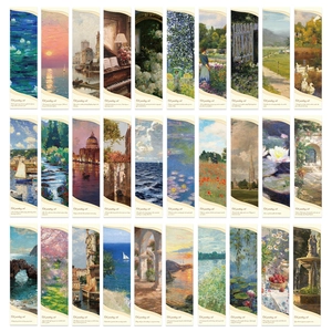 Macro view of 30 classic oil painting bookmarks with poetic English quotes on white backdrop