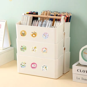 Stackable white storage box with wooden handle and cute cartoon cat stickers
