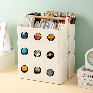 Three-layer white desk organizer with wooden handle decorated with planet stickers