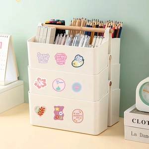 Three-tier cream desktop organizer with wooden handle and creative motivational stickers