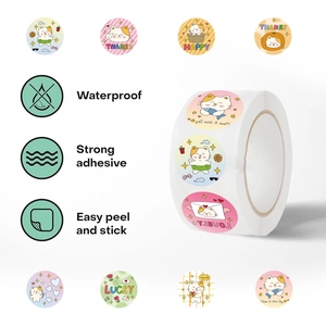 500pcs roll of cute cartoon cat round stickers with thanks and lucky text patterns