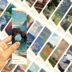 Macro detail of impressionist oil painting bookmarks with elegant wavy edges and art text