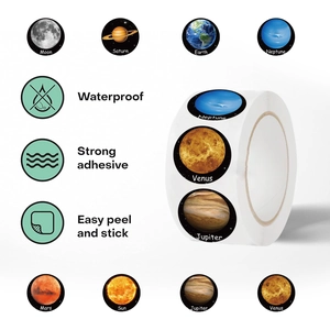 Solar system planet stickers roll with 8 waterproof designs including Earth and Saturn